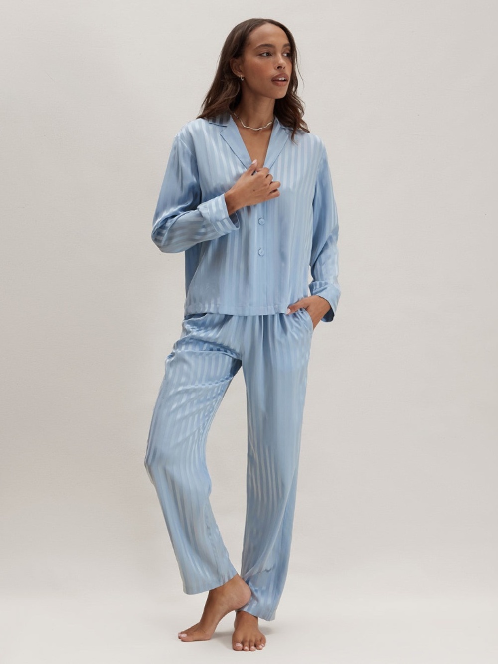 Lunya Washable Silk Striped Jacquard Long Sleeve Pant Set Size XLFrosted Lagoon